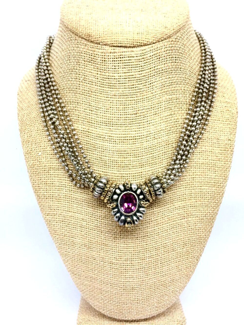 Vintage Silver Tone Necklace Multi Strand Purple Glass Gold Tone Bead Chain Stat